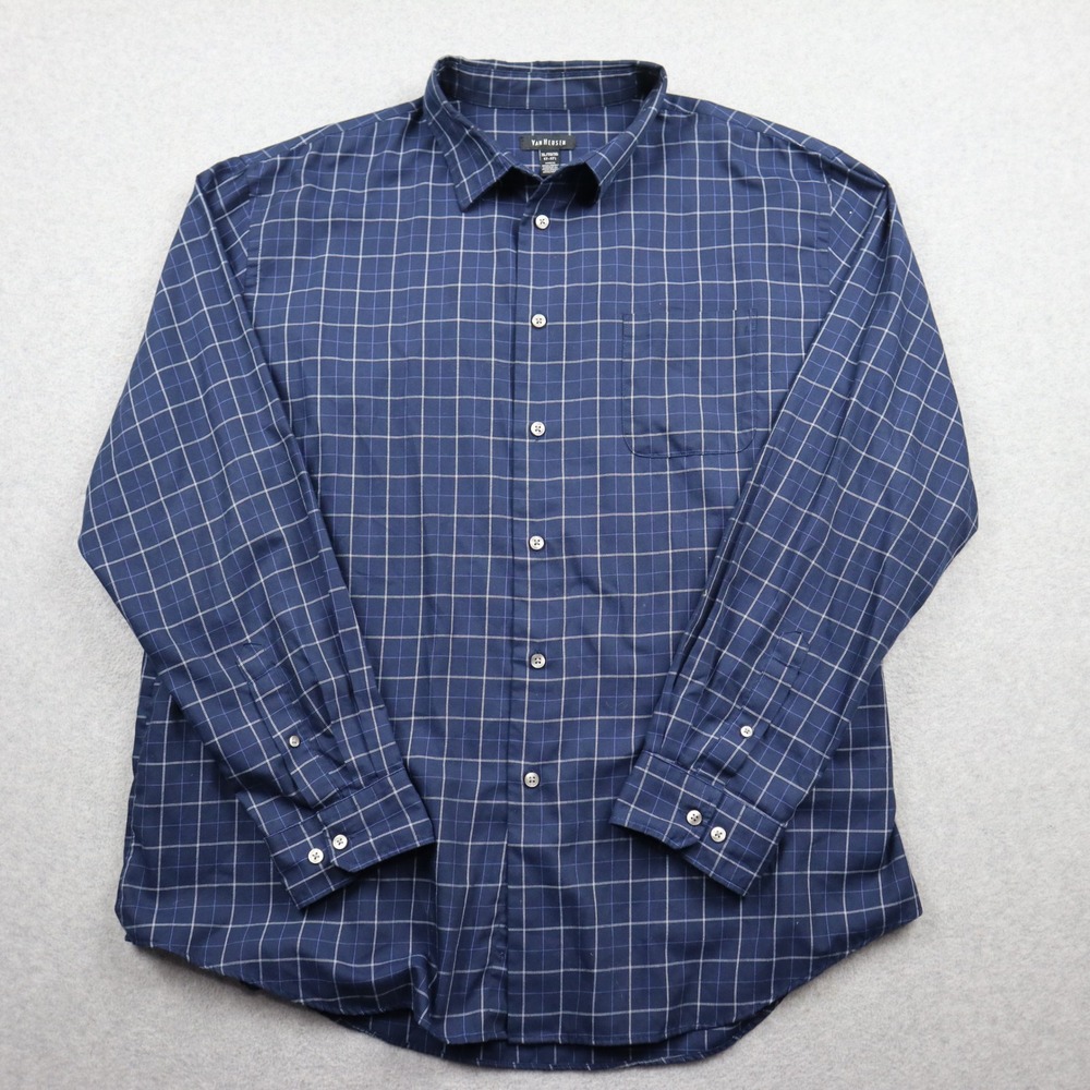 Van Heusen Shirt Mens XL 17-17.5 Button Down Navy Blue Grid Long Sleeve Pocket